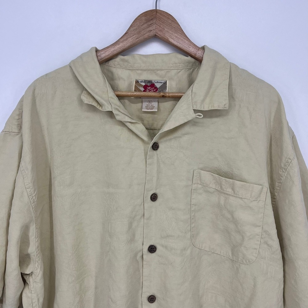 Hilo Hattie Bali Hai Collection Mens XL Silk Jacquard Hawaiian Shirt Cream Tan - Picture 2 of 11